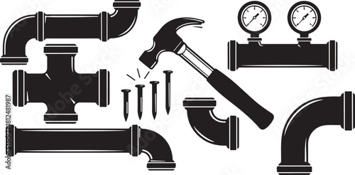 Plumbing and Construction Tools: Pipes, Hammer, Nails, and Gauges