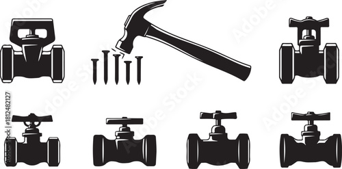 Plumbing Valves and Hammer with Nails Icons: Industrial and Construction Symbols