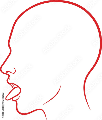 Red Line Art Profile of a Head with Tongue Sticking Out