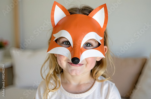 bright morning scene with girl proudly presenting her artistic paper construction in cozy living space