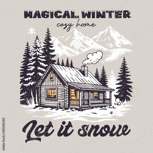 Magical winter. Cozy home. let it snow. vintage winter t shirt design, textile print, fashion design artwork. mountain adventure winter cosy sports Varsity College USA Trending Graphic Tee t-shirt