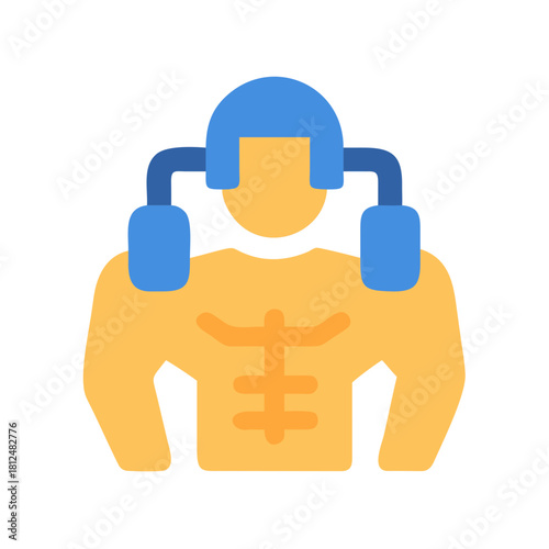 Iconic flat illustration of a muscular man with blue headphones against a black background.