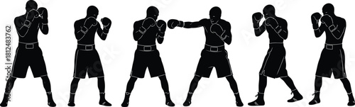 Set of black silhouette vector illustrations of male boxers fighting and training with gloves, isolated on white background for sport gym logo.