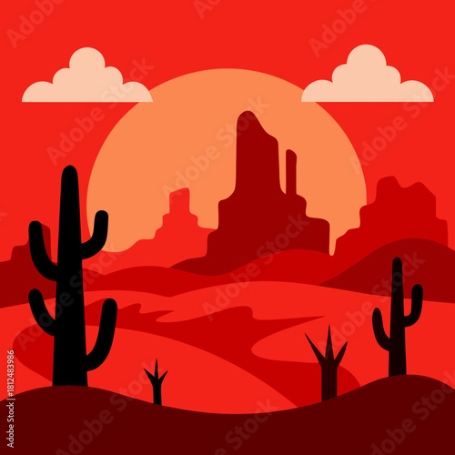 Vibrant red desert landscape with silhouetted saguaro cacti and mesas under a large sun and clouds