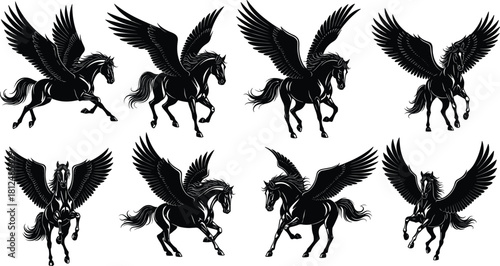 Set of dynamic black winged horse silhouettes featuring flying pegasus poses, isolated on white background for fantasy logo or tattoo design.
