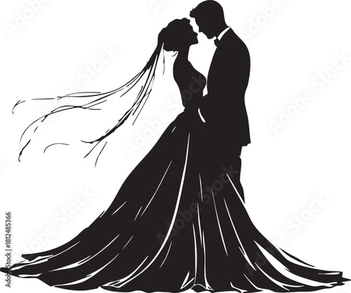 Wedding Couple Silhouette Bride and Groom Embracing Vector Art with Long Veil and Gown Romantic Moment