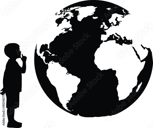 Silhouette of a small child holding a finger to their lips in a shushing gesture next to a large globe isolated on white background