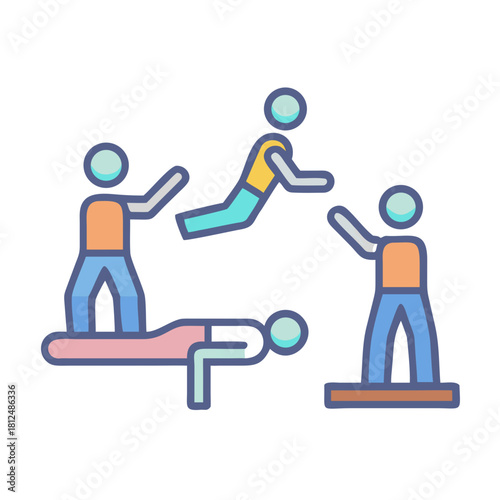 Simplified teamwork illustration showing human figures, team support and active participation