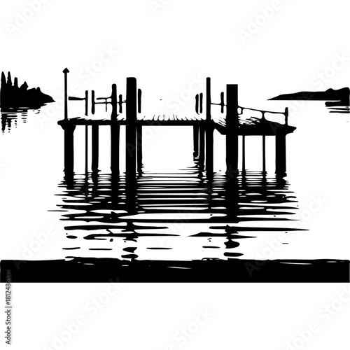 Lake pier silhouette black and white water reflection landscape scene art