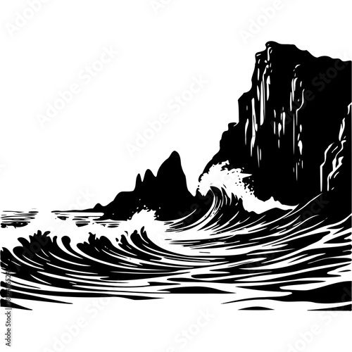 Ocean wave crashing against rocks black and white seascape illustration silhouette