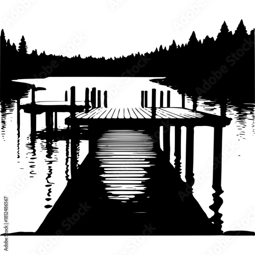 Lake dock black and white vector illustration with forest and water view silhouette