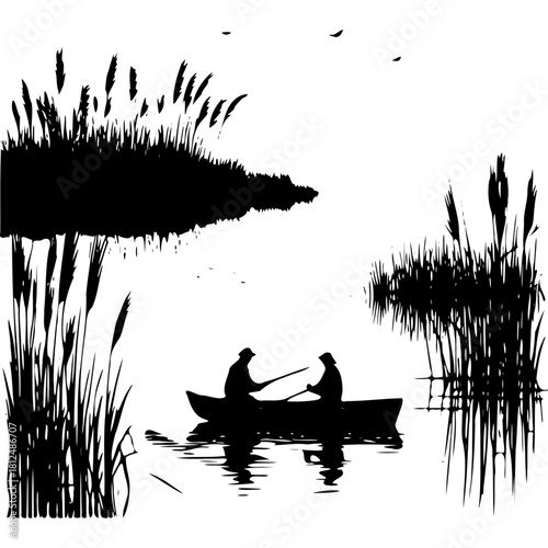 Silhouette of people canoeing on lake with reeds and birds illustration