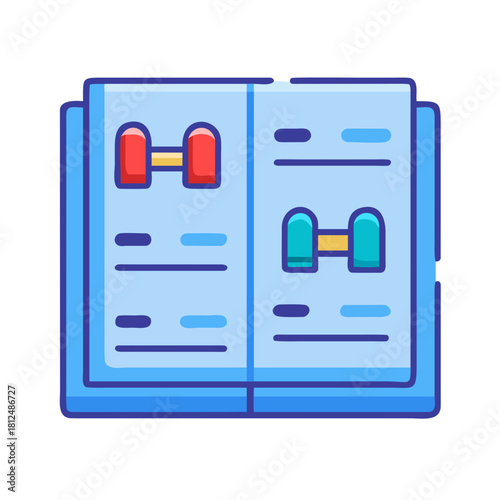 Fitness guide catalog with colorful dumbbell weight examples in a flat style