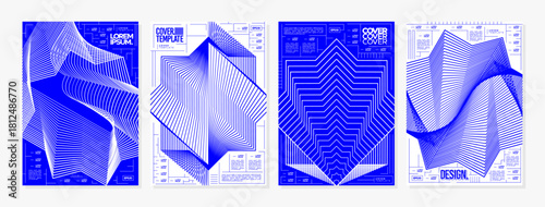 Modern blue wireframe line abstract shape cover set