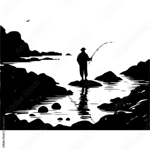 Silhouette fisherman fishing on rocks at sea vector art illustration