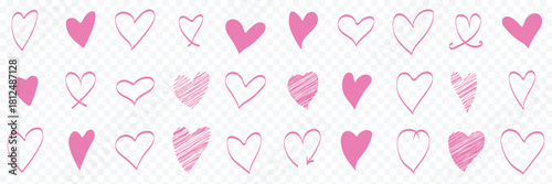 Hand drawn linear hearts set. Various brush, chalk, marker, ink drawn heart shapes. Artistic lines, outlines Valentine's day uneven, textured edge doodle templates.  wedding cards love symbols romance