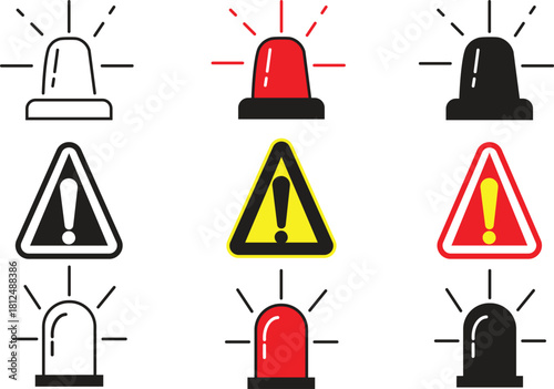 Emergency siren and warning triangle icon set — alert, caution and hazard symbols in outline and solid styles for safety signage and danger notifications