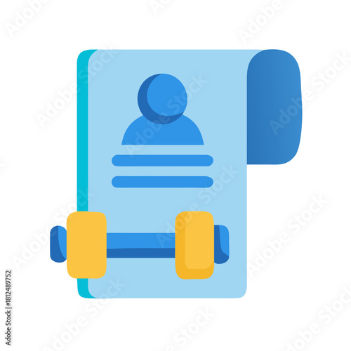Fitness program flat vector icon, dumbbells with personal information document, healthy lifestyle concept
