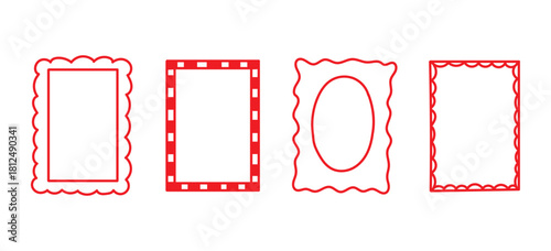Wavy edge and checkerboard frame box vector illustration isolated on white. Squiggle curve doodle rectangle and oval sketch.
