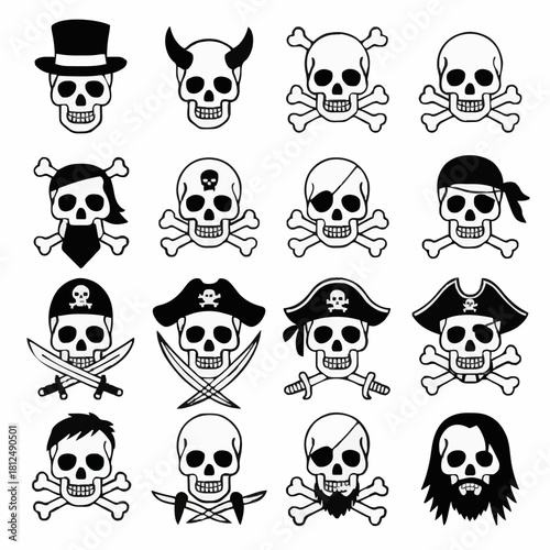 Black and White Skull and Crossbones Icons: 16 Unique Pirate-Themed Designs
