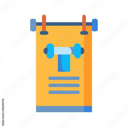 Flat vector illustration of a gym towel hanging with dumbbells on a rack