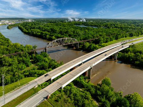US Route 66 & twin plate girder bridges over the Verdigris River - Catoosa, Oklahoma