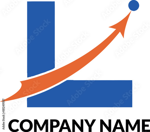Blue letter l logo with an orange upward arrow indicating growth, progress, and business success