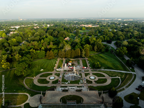 Sunrise aerial of the gardens and conservatory at Garfield Park - Indianapolis, Indiana