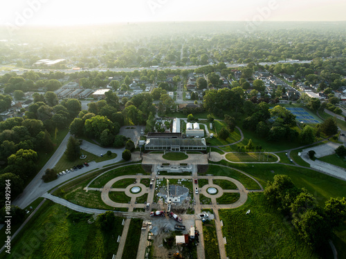 Sunrise aerial of the gardens and conservatory at Garfield Park - Indianapolis, Indiana