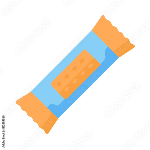Isolated snack bar graphic with blue wrapper and yellow filling on black backdrop