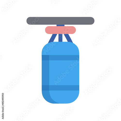 Flat design illustration of a blue punching bag hanging from a gray bar