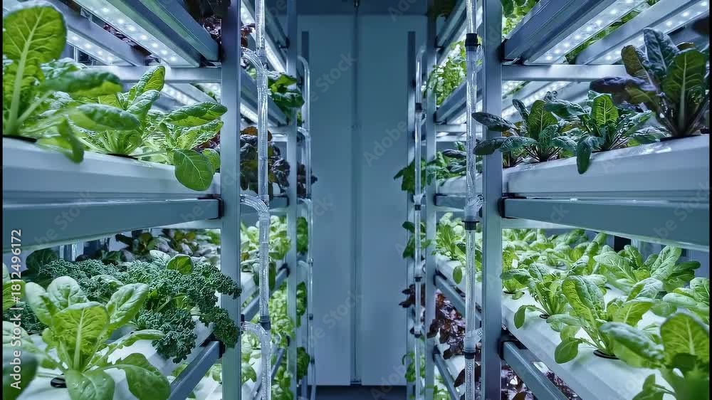 Vertical hydroponic farm with rows of leafy green plants growing under ...