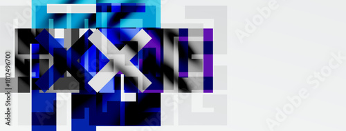 Abstract geometric shapes, blues, grays, whites dominate composition. Pixelated effect creates modern visual texture.