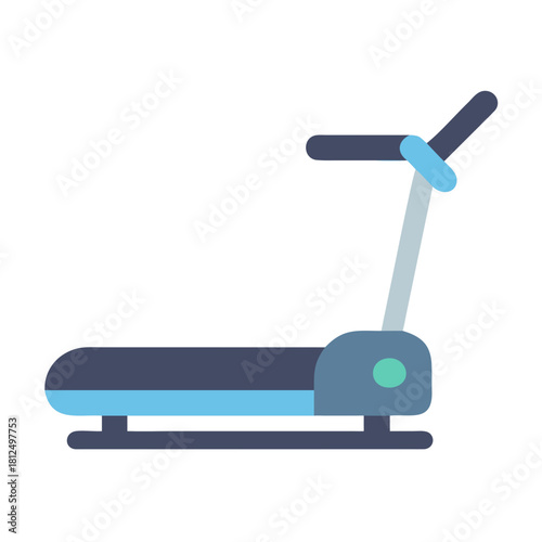 Flat design illustration of a blue and gray treadmill isolated on black background