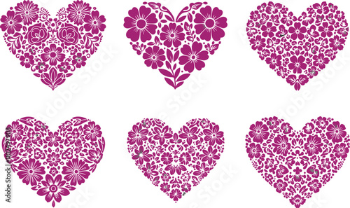 Six intricately detailed floral patterned hearts in vibrant pink hues arranged in two rows of three against a clean white background symbolizing love and romance