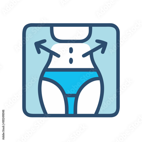 Waist reduction infographic icon on a blue squared background with arrows