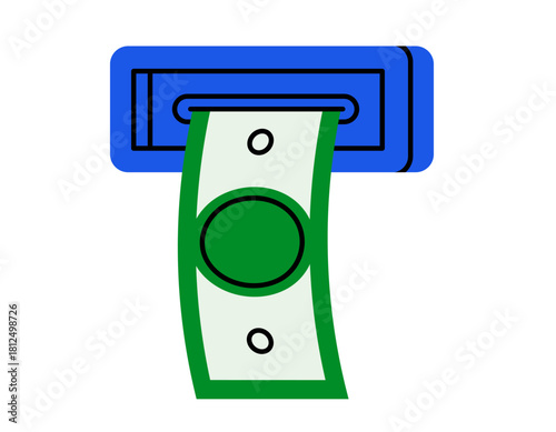 Hand drawn cute illustration cash withdrawal from ATM. Flat vector financial transaction sticker doodle. Get currency from bank icon or print. Banknote from automated teller machine. Isolated.
