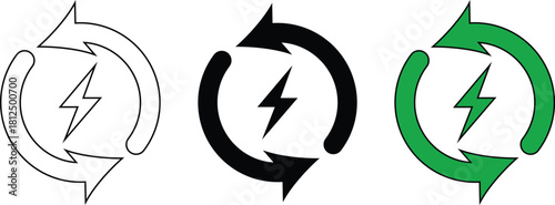 Collection of minimal thin-line vector icons representing renewable and sustainable energy sources such as solar, wind, hydro, bioenergy, and eco-friendly power solutions.