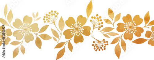 A delicate watercolor floral border design featuring warm golden and orange hues with scattered leaves and berries perfect for elegant invitations and decorative accents