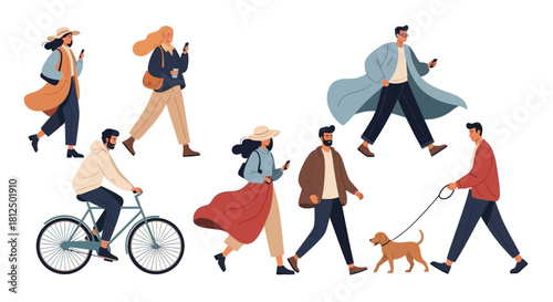Modern flat illustrations featuring people in dynamic walking and lifestyle poses