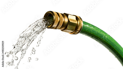 Water flowing from a green garden hose with brass fitting isolated on a transparent background