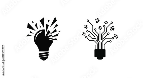 Broken lightbulb transforming into a digital circuit board icon design