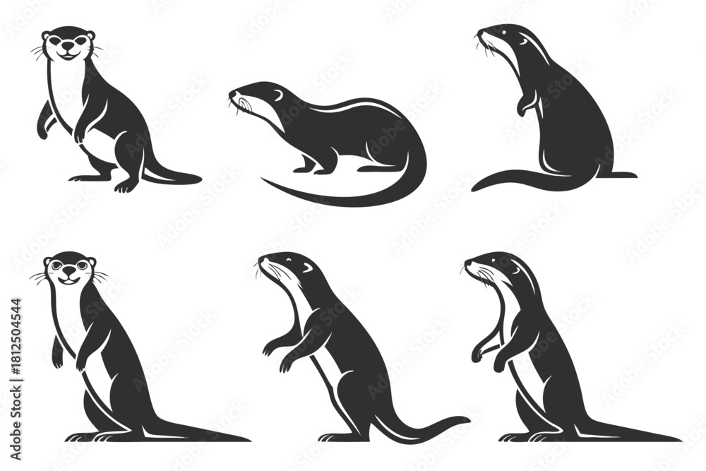 Fototapeta premium Set of 8 minimalist otter icons in black and yellow