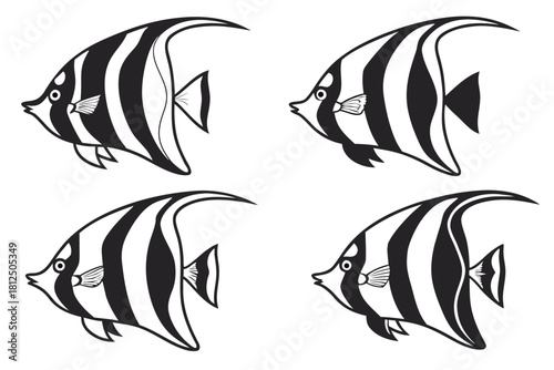Minimalist moorish idol fish icon set with black and yellow accents