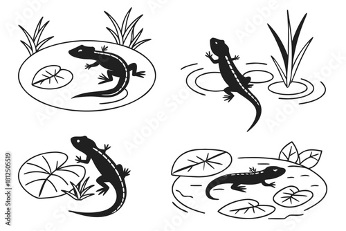 Minimalist icon set featuring a newt in a pond with vibrant colors