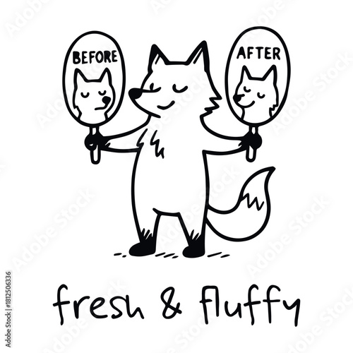 Black-and-white cartoon illustration of fox holding “BEFORE” and “AFTER” mirrors with fluffy transformation and “fresh & fluffy” message