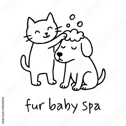 Black-and-white cartoon illustration of cat bathing dog with bubbles and “fur baby spa” message in whimsical pet care theme