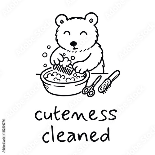 Black-and-white cartoon illustration of bear washing star-shaped object in bowl with bubbles, grooming tools, and “cuteness cleaned” message in whimsical pet care theme