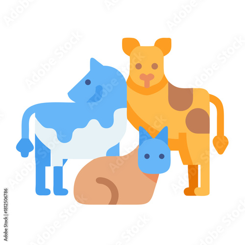Stylized farm animals illustration on black background featuring horse, dog, and cat