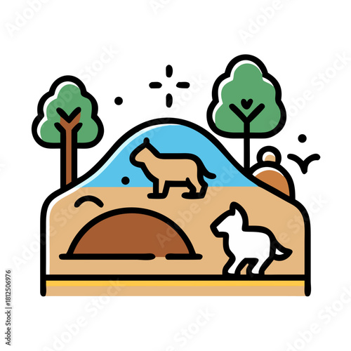 Stylized illustration of a prairie dog habitat featuring animals and trees